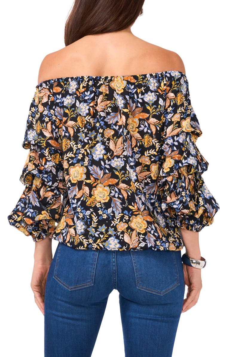 Vince Camuto Floral Off the Shoulder Bubble Sleeve Top, Alternate, color, Rich Black