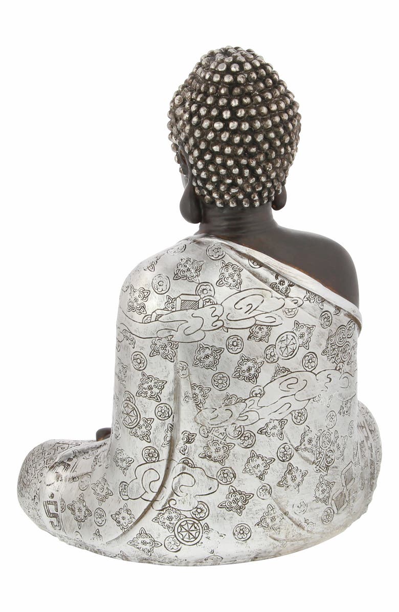 UMA Silvertone Polystone Bohemian Buddha Sculpture with Engraved Carvings and Relief Detailing, Alternate, color,