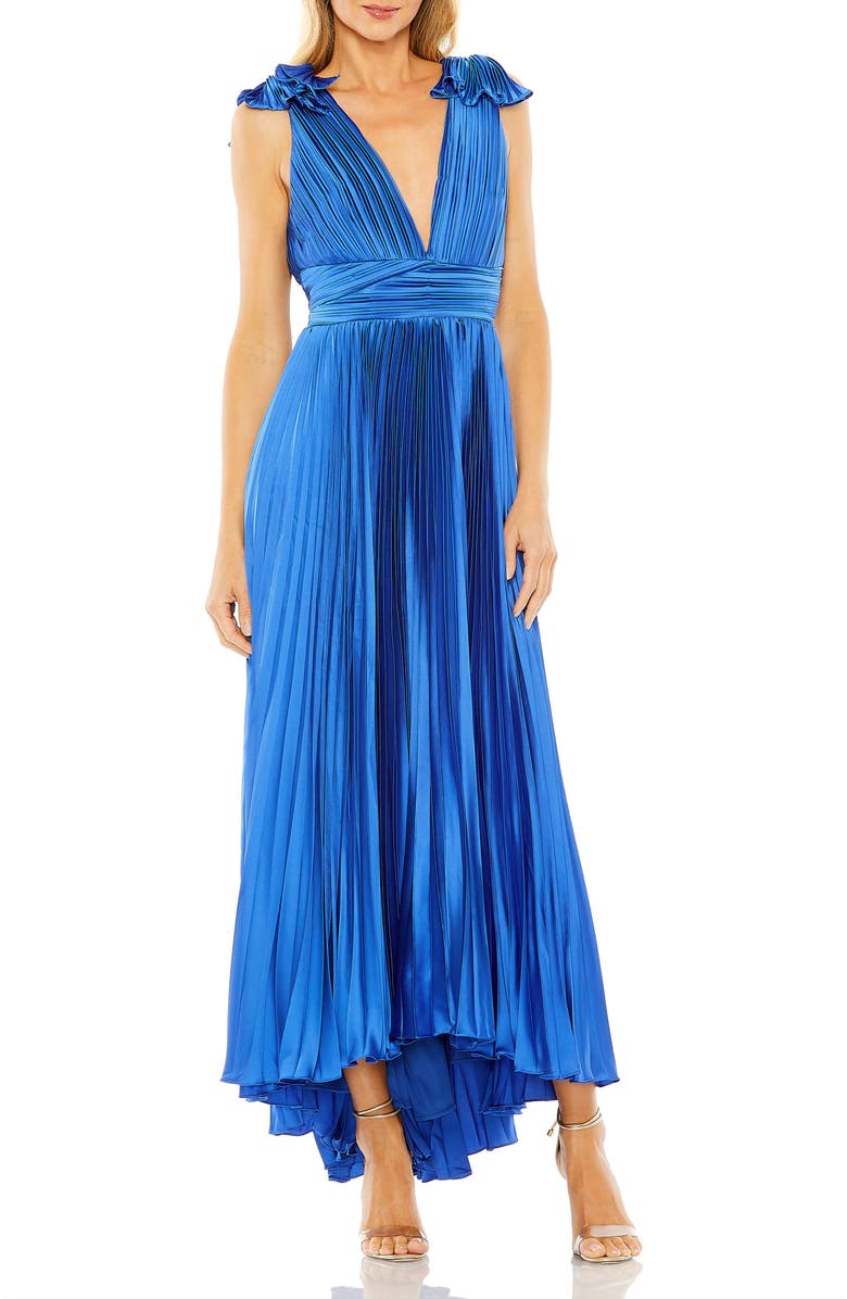 Mac Duggal Ruffle Top Sleeveless V Neck Pleated Gown, Main, color, Cobalt