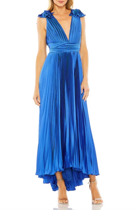 Ruffle Top Sleeveless V Neck Pleated Gown