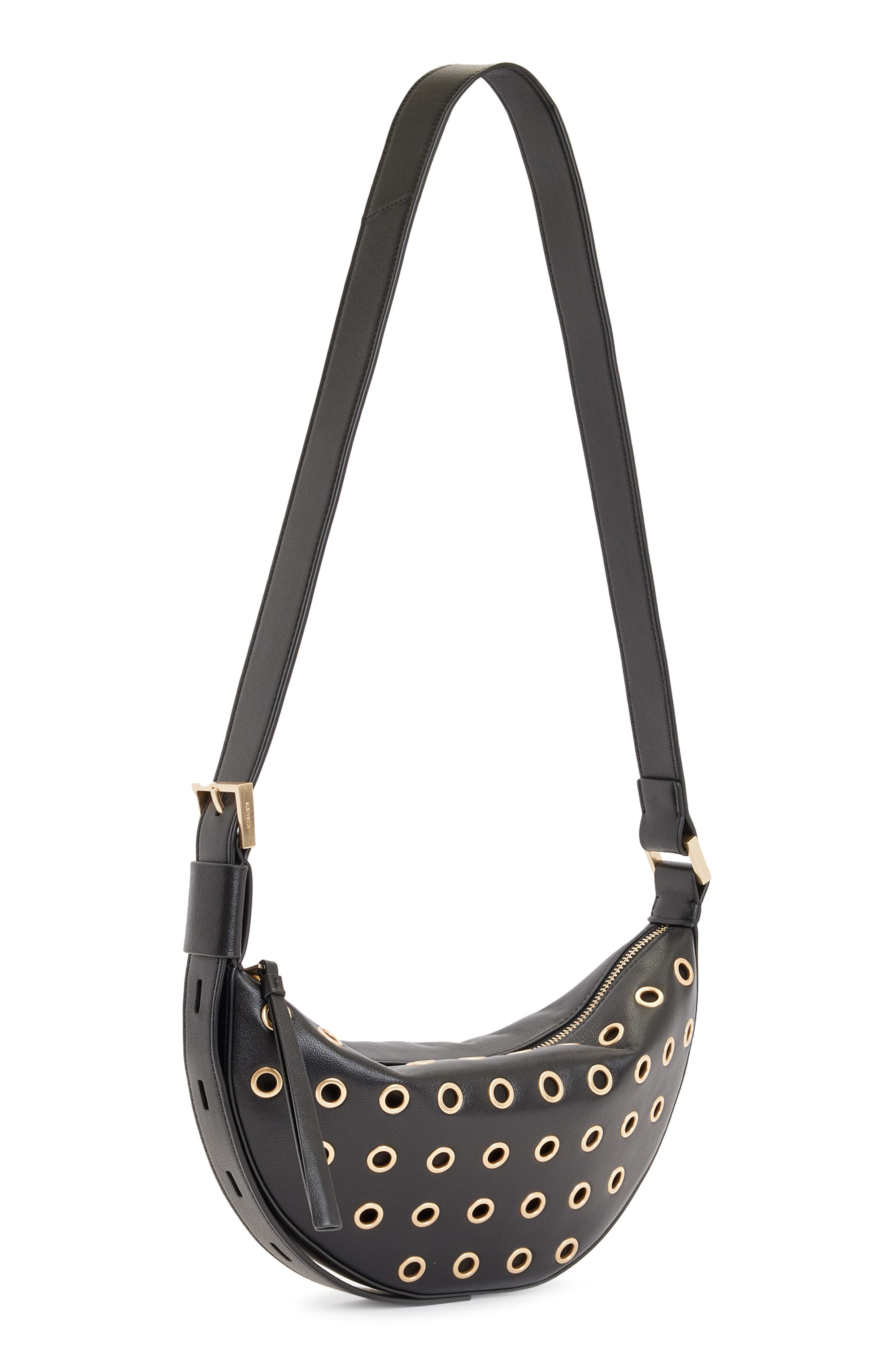 AllSaints Half Moon Grommet Crossbody Bag, Alternate, color, 