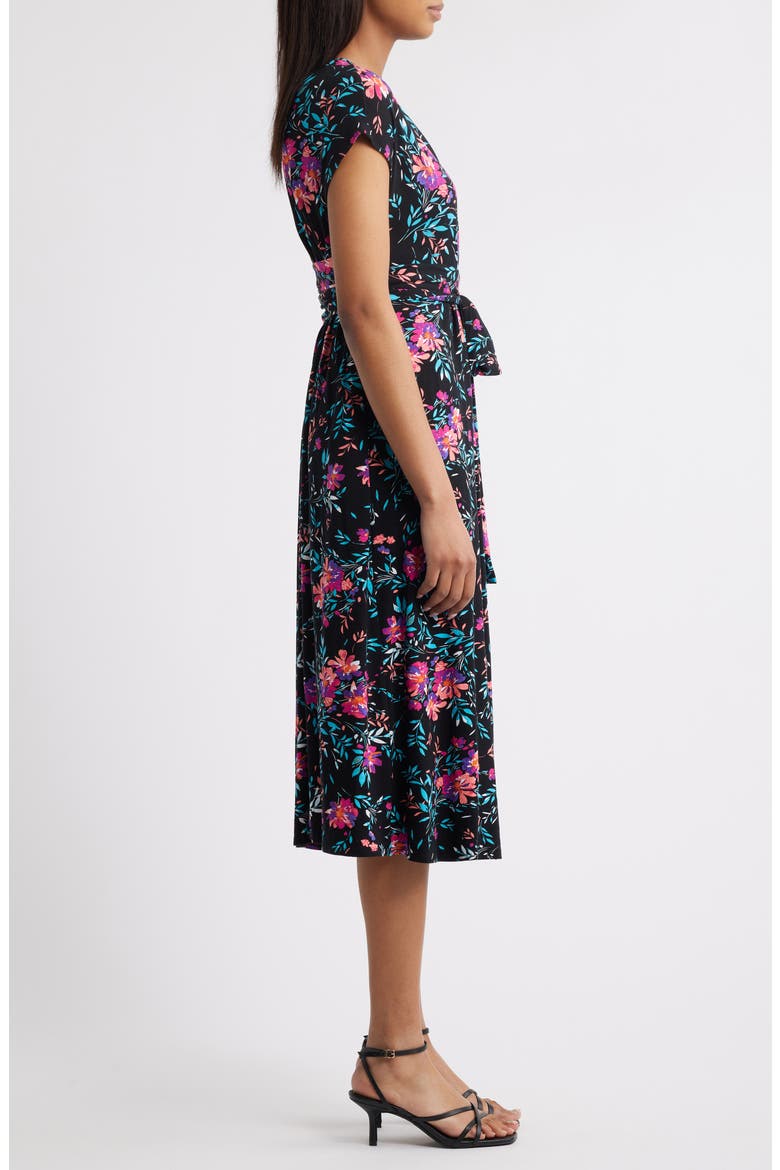 Floral Print Faux Wrap Midi Dress, Alternate, color, BLACK/ FUCHSIA