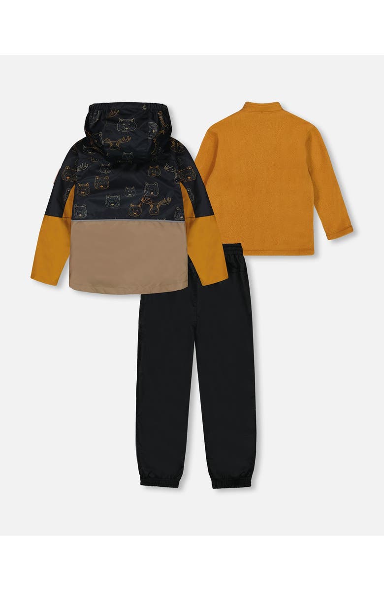 Deux par Deux Little Boy's 3-In-1 Mid-Season Outerwear Set With Colorblock Jacket Beige Animals On Black Background, Alternate, color, 