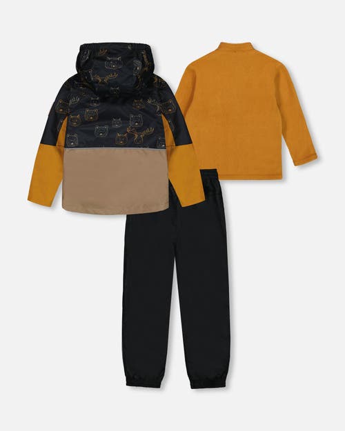 Deux Par Deux Little Boy's 3-in-1 Mid-season Outerwear Set With Colorblock Jacket Beige Animals On B In Beige Animals On Black