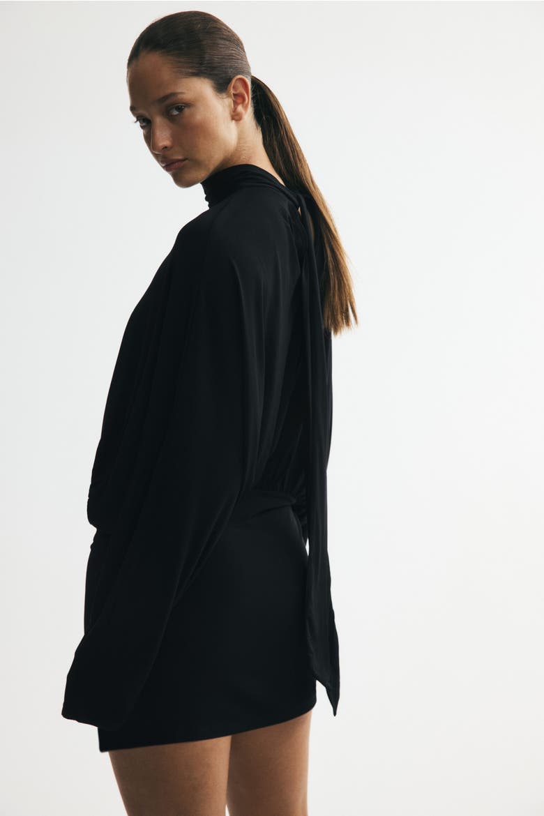 Batwing-sleeved Tie-detail Dress, Alternate, color, Black