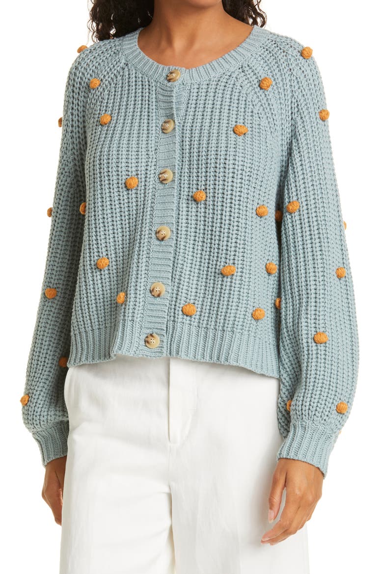 The Bobble Sophomore Cotton Blend Cardigan, Main, color, DUSTY BLUE WITH HONEY