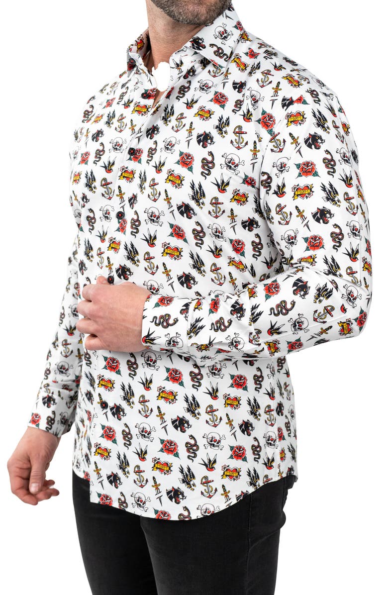 Maceoo Fibonacci Tattoo Contemporary Fit Button-Up Shirt, Alternate, color, White