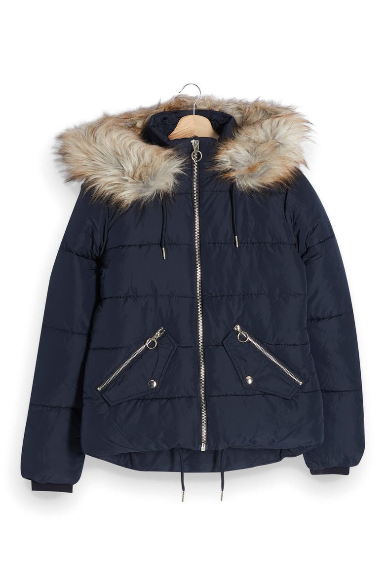 Frieda Faux Fur Trim Jacket, Alternate, color, NAVY BLUE