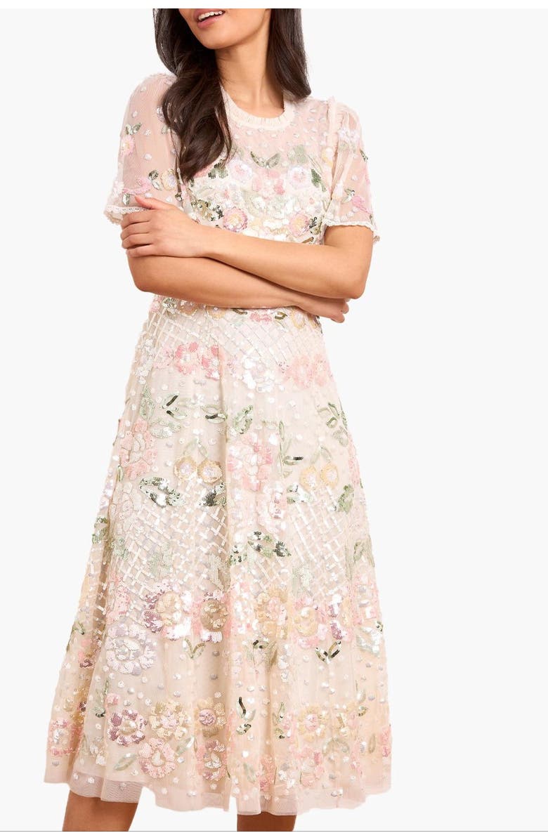 Needle & Thread Rosalie Short Sleeve Ballerina Dress, Main, color, Cream