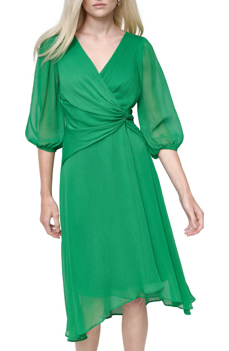 DKNY Puff Sleeve Faux Wrap Midi Dress, Alternate, color, Jolly Grn