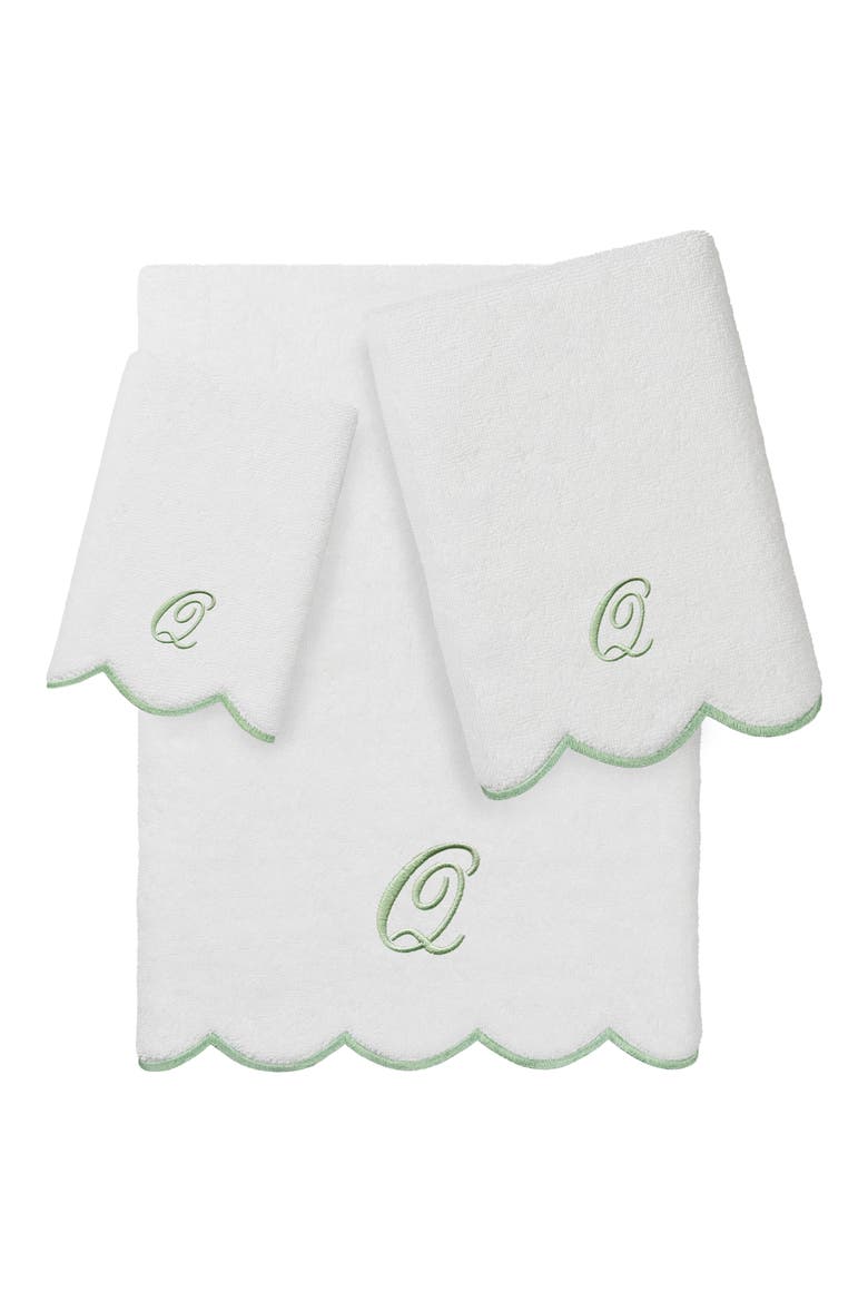 Adornia Scallop Initial 3-Piece Towel Set, Main, color, WHITE/ GREEN Q