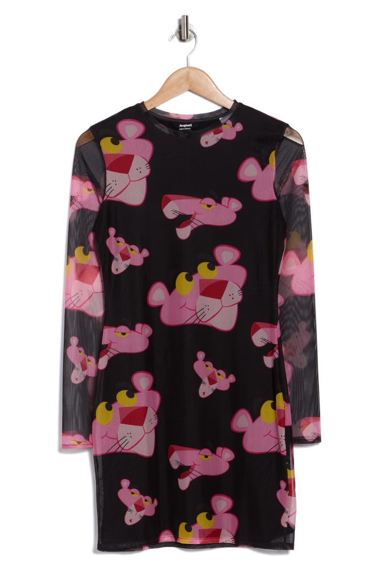 Pink Panther Long Sleeve Mesh Dress, Alternate, color, BLACK