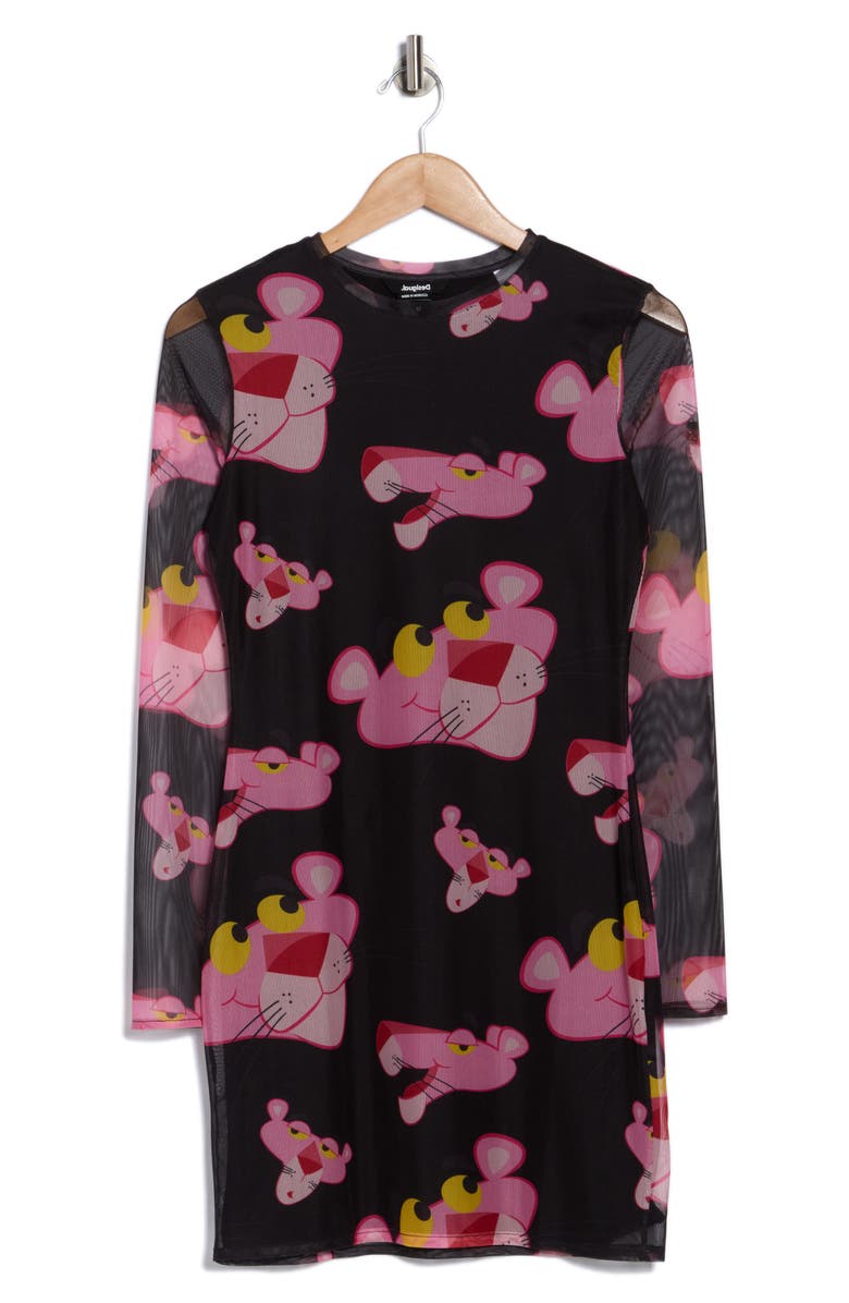 Desigual Pink Panther Long Sleeve Mesh Dress, Alternate, color, Black