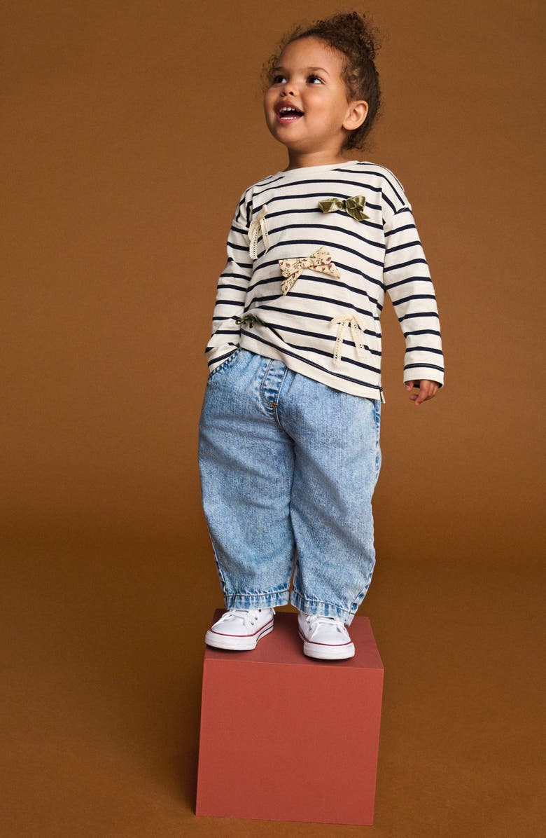 NEXT Kids' Stripe Bow Appliqué Cotton Top, Alternate, color, Neutral