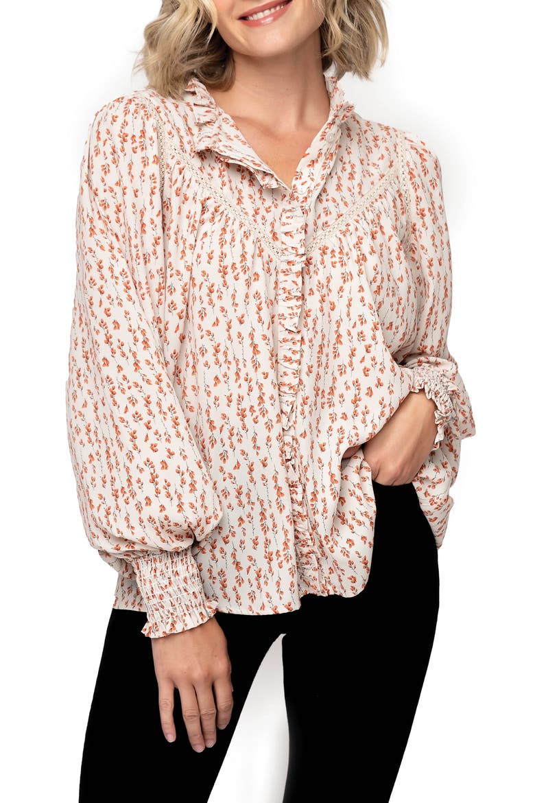 Long Sleeve Crochet Trim Blouse, Main, color, IVORY RED VINE