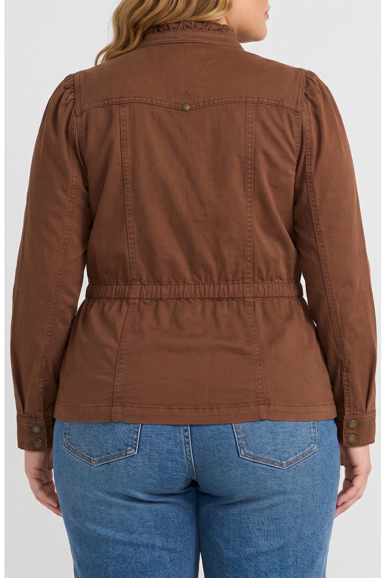 Ruffle Neck Puff Sleeve Trucker Jacket, Alternate, color, CAROB BROWN