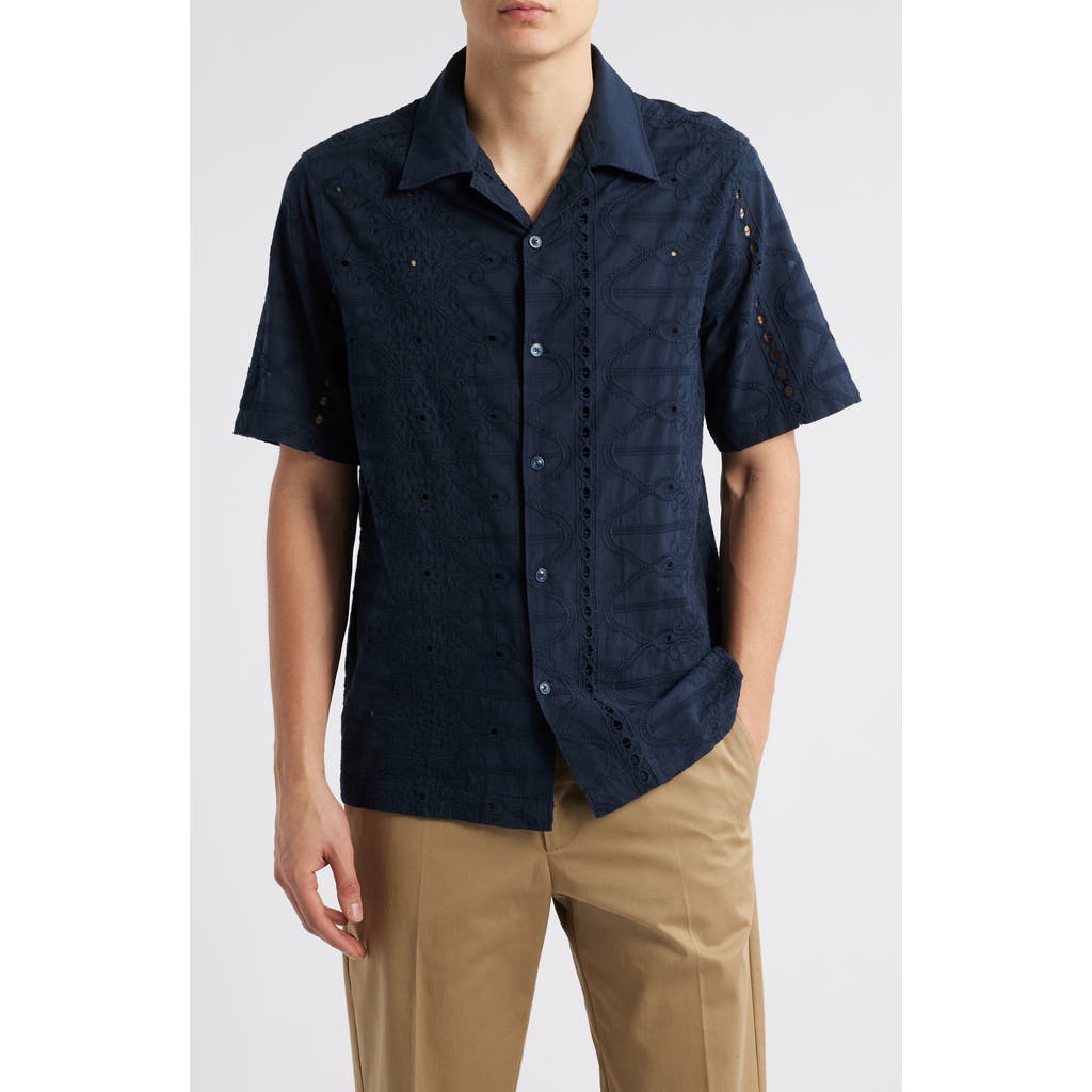 Nn07 Julio 5392 Camp-collar Broderie Anglaise Cotton Shirt In Blue