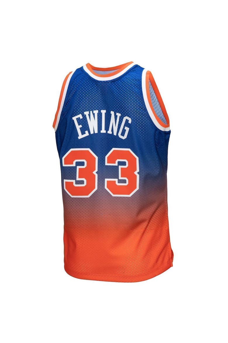 Men's Mitchell & Ness Patrick Ewing Orange/Royal New York Knicks 1991/92 Hardwood Classics Fadeaway Swingman Player Jersey, Alternate, color, Orange