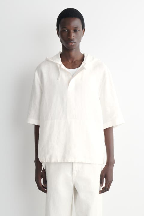 Drawstring Hooded Linen Popover Shirt