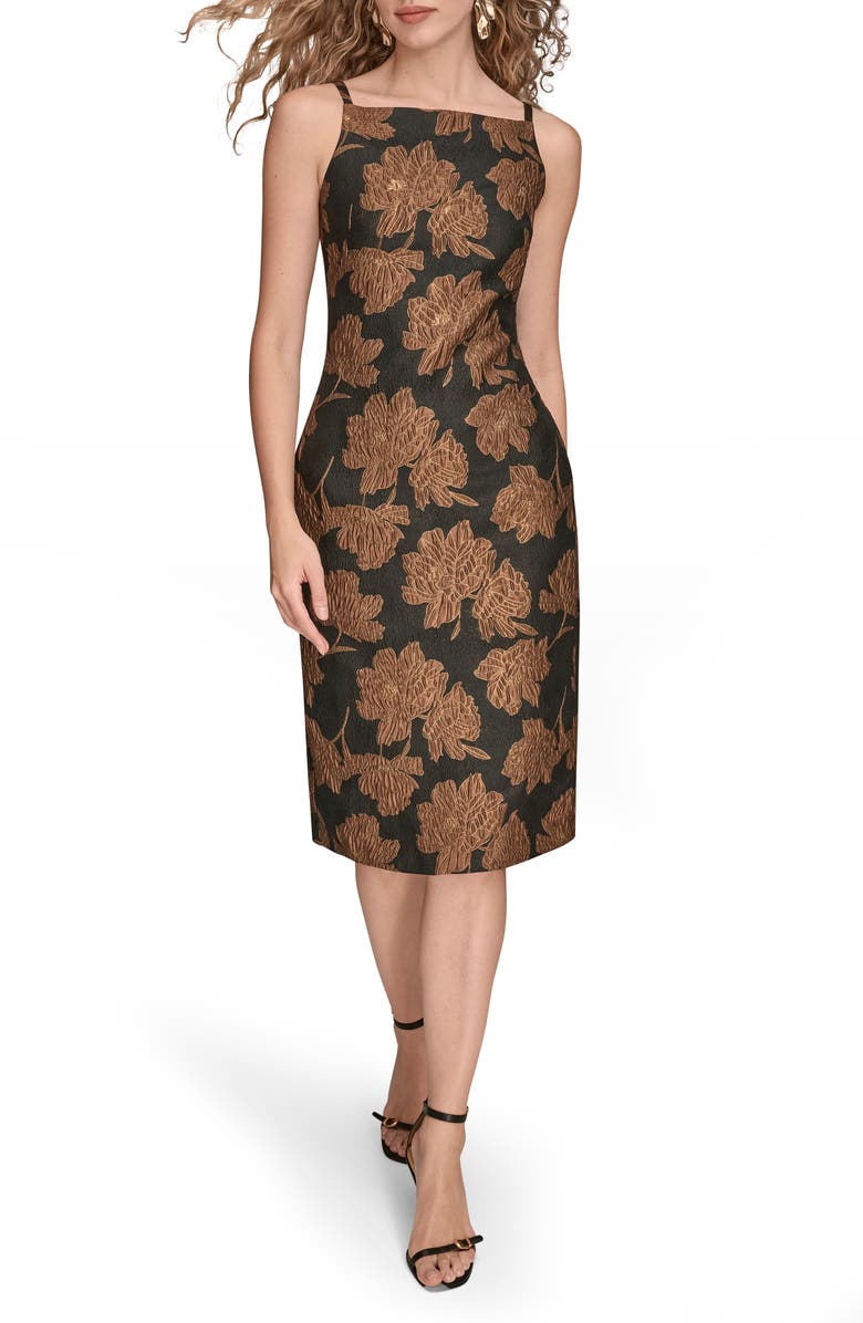Donna Karan New York Metallic Floral Jacquard Sheath Dress, Main, color, Black/ Vicuna