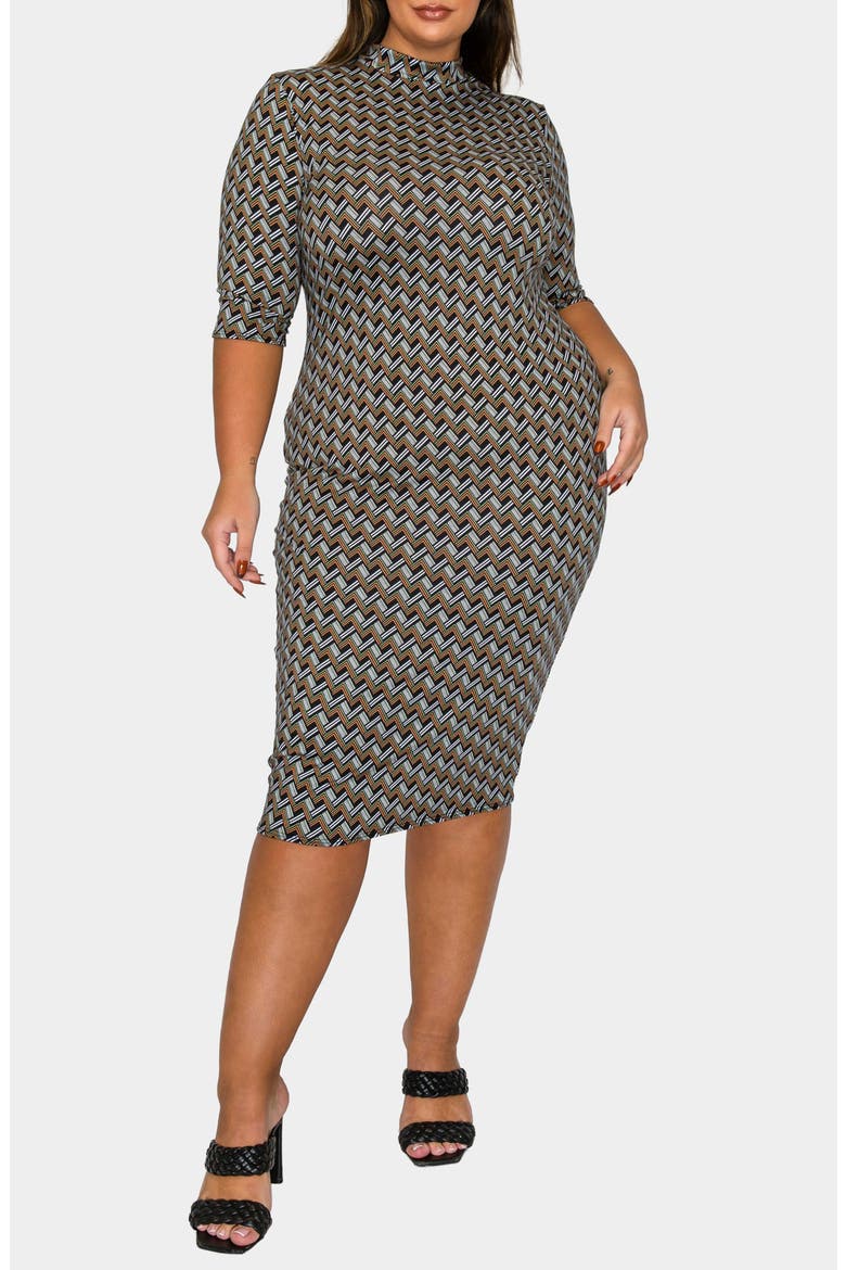 Gallarda Chevron Print Bodycon Midi Dress, Alternate, color, BLACK