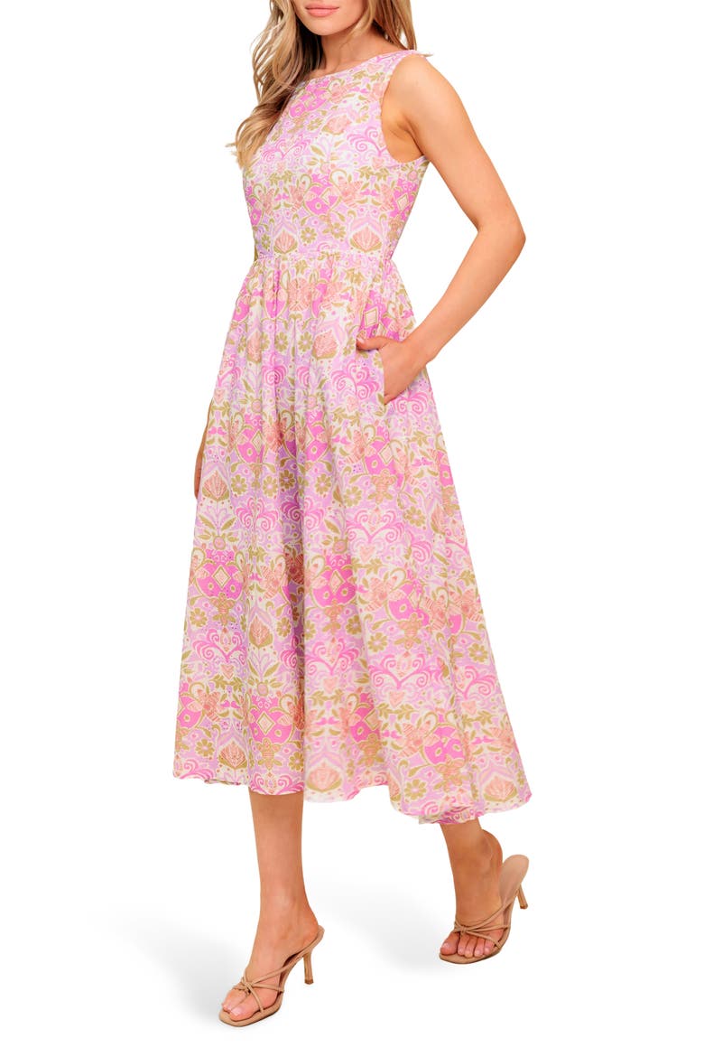 High Neck Fit & Flare Midi Dress, Alternate, color, PINK