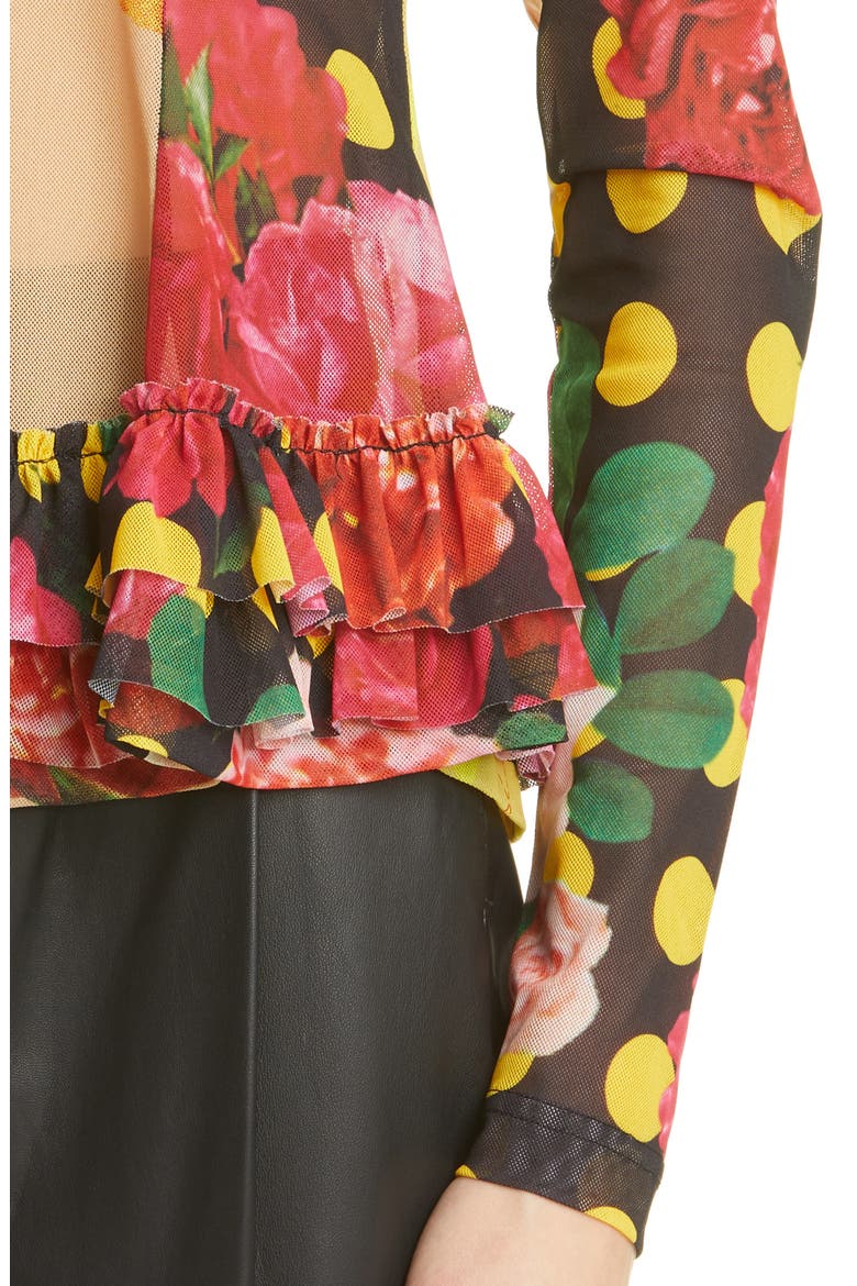 Women's Patchwork Ruffle Hem Mesh Top, Alternate, color, BLACK YELLOW MIX