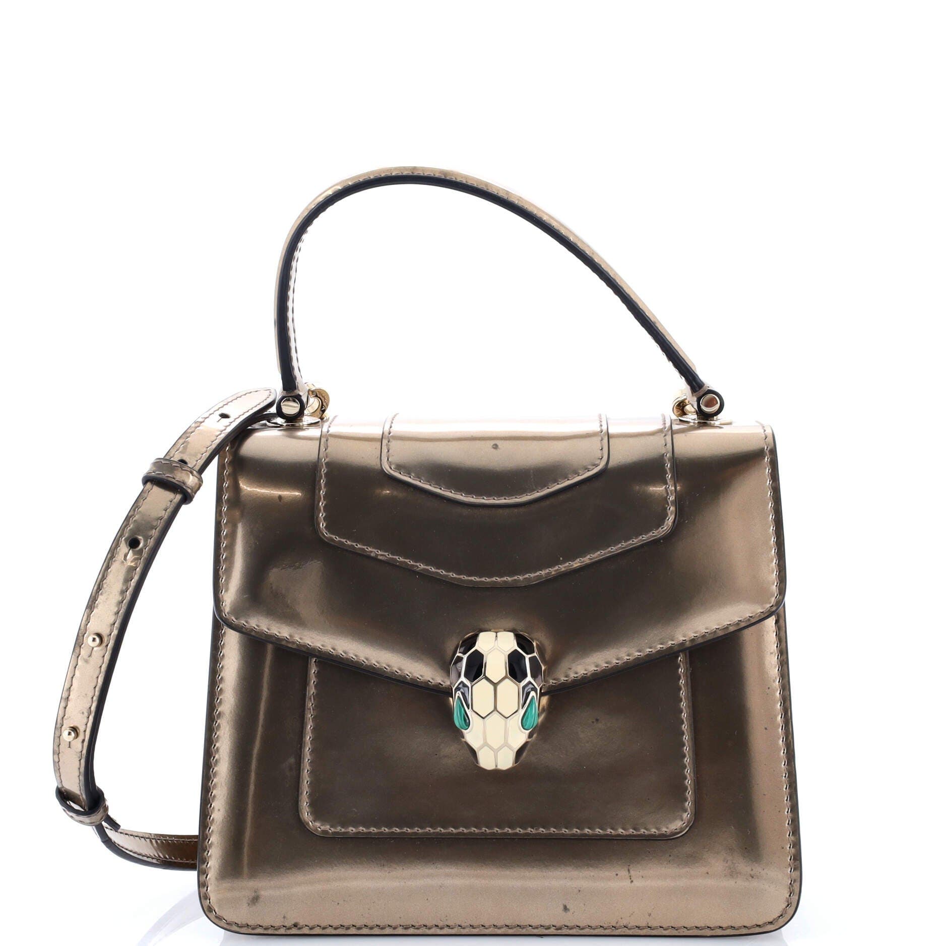 Serpenti Top Handle Bag Patent Small, Main, color, Metallic Silver