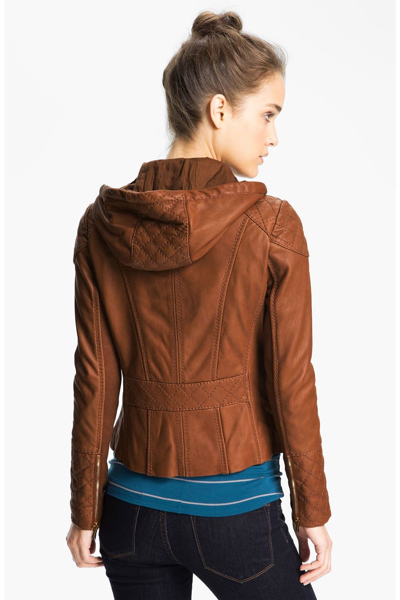 Hooded Leather Jacket, Alternate, color, BROWN