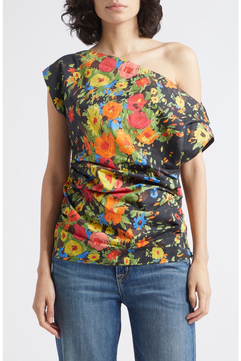 Nara Floral Off the Shoulder Cotton Top, Main, color, BLACK/ PERSIMMON