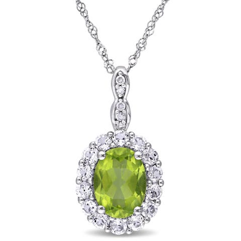 Gemstone & Diamond Oval Halo Necklace 14K