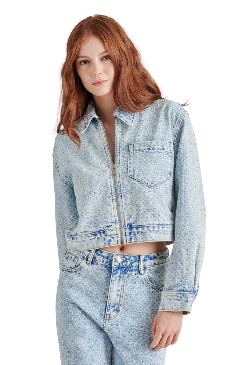 Steve Madden Glacia Embellished Textured Denim Jacket, Alternate, color, 