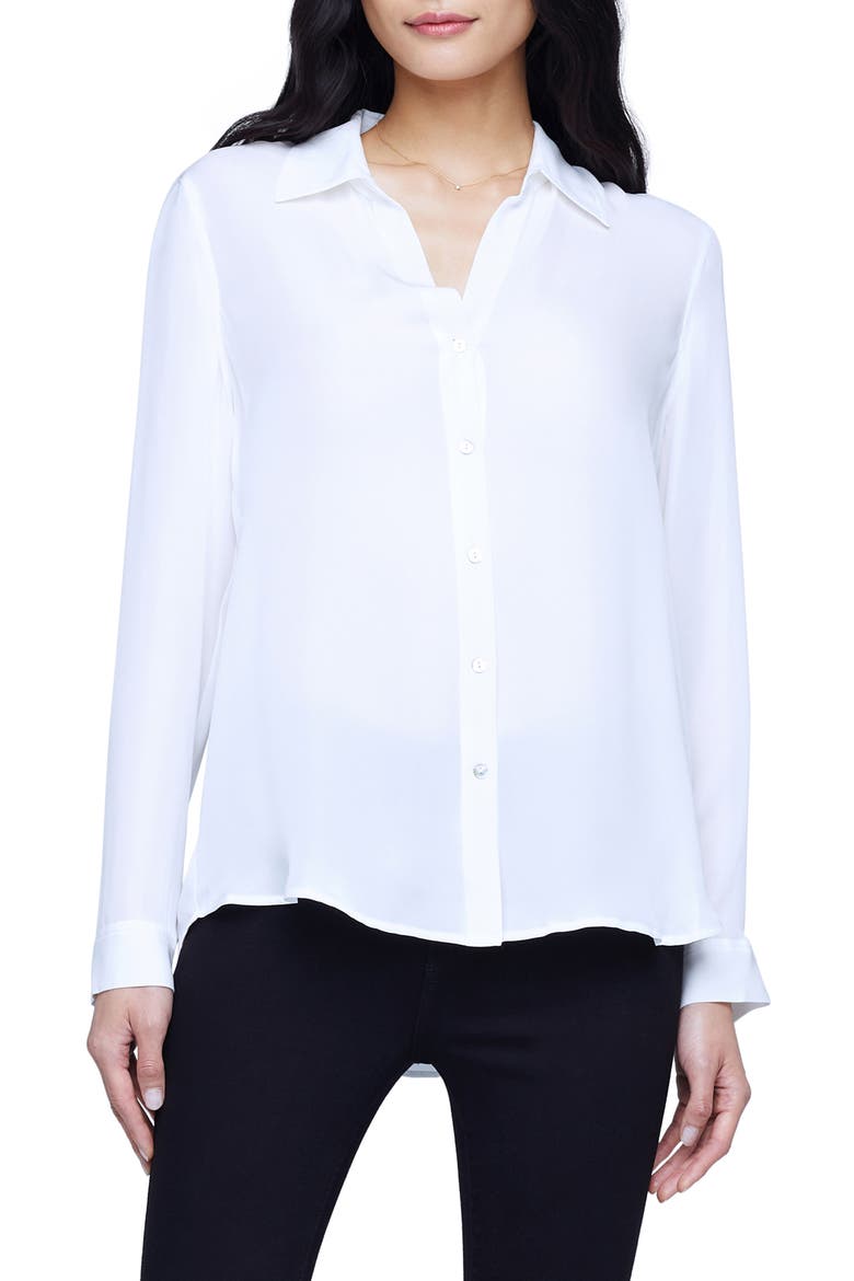 Nina Long Sleeve Button-Up Silk Shirt, Main, color, IVORY
