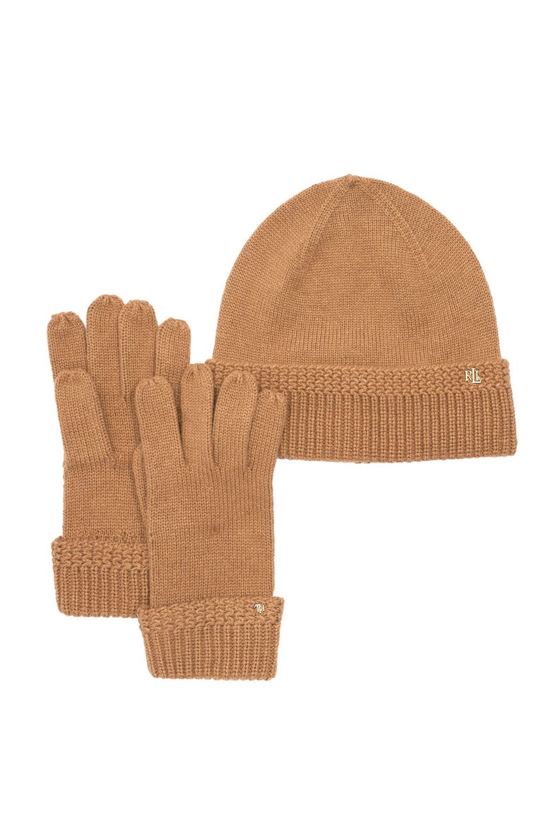 Racking Stitch Knit Beanie And Glove Giftset, Alternate, color, Classic Camel