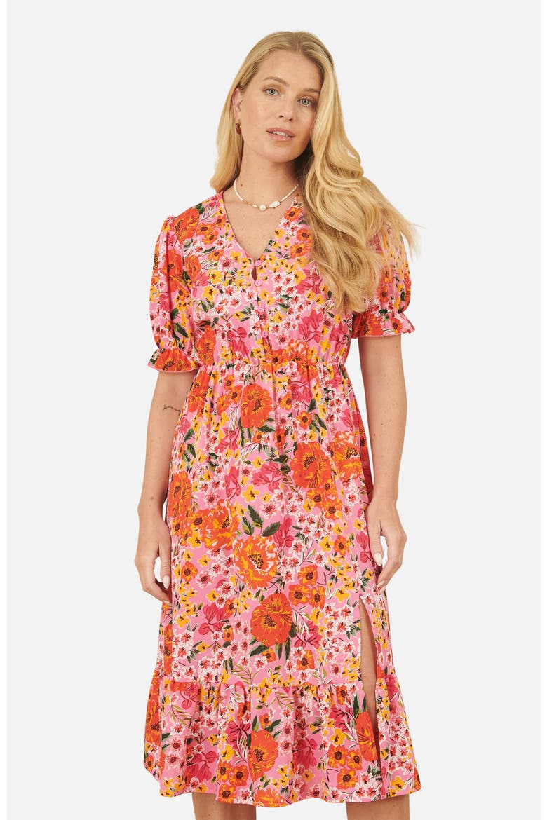 Short Sleeve V-Neck Printed Midi Dress, Alternate, color, Pink