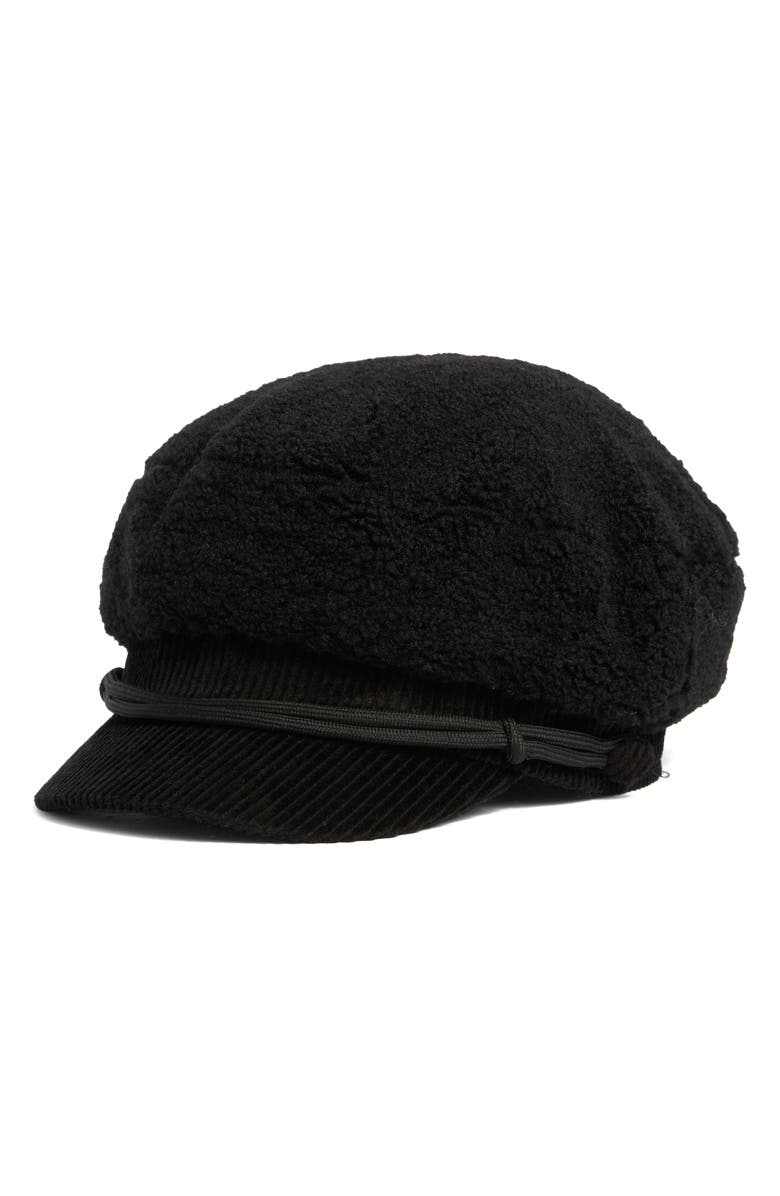 BCBG Faux Shearling Corduroy Conductor Cap, Main, color, Black