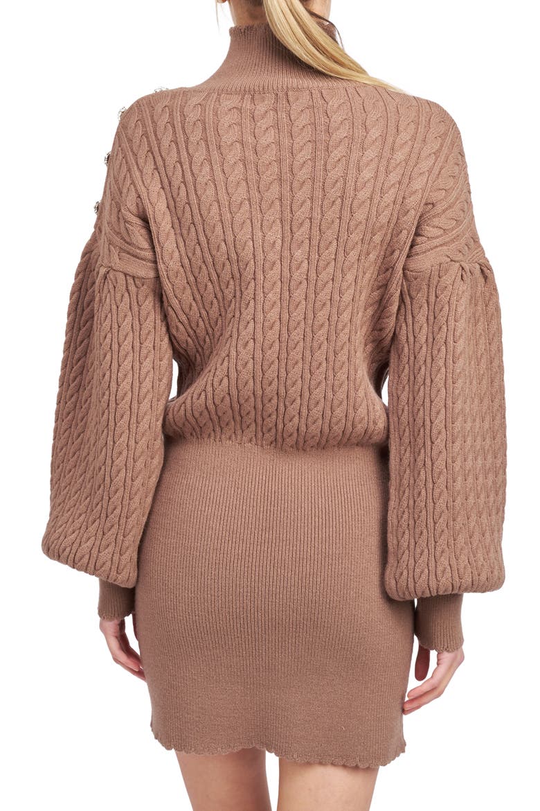Bettany Button Shoulder Long Sleeve Turtleneck Sweater Minidress, Alternate, color, BROWN