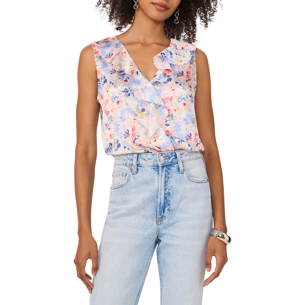 VINCE CAMUTO VINCE CAMUTO FLORAL RUFFLE DETAIL SLEEVELESS TOP
