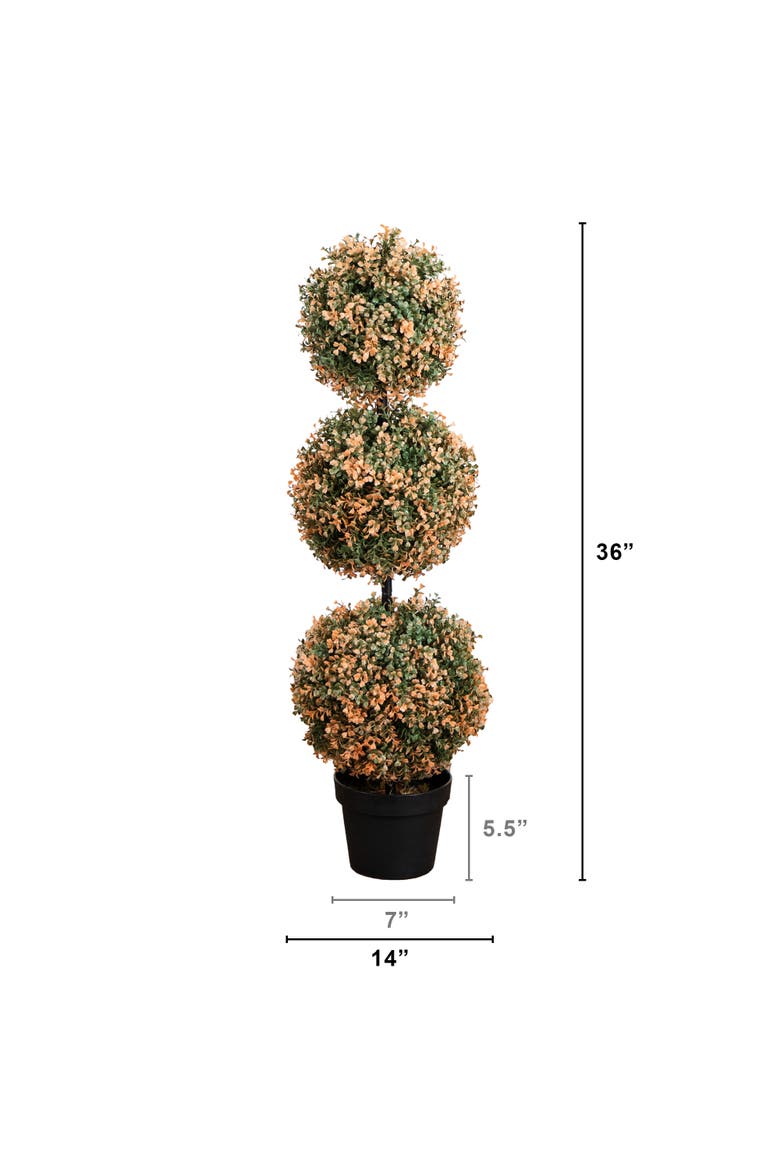 3-ft UV Resistant Autumn Triple Ball Boxwood Artificial Fall Topiary Tree with 30 Warm White LED Lights, Alternate, color, Green