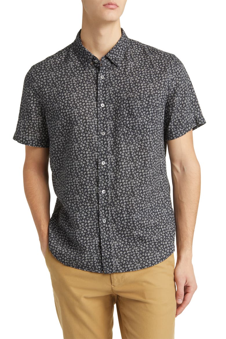 Carson Floral Short Sleeve Linen Blend Button-Up Shirt, Main, color, FLOWER CART ONYX