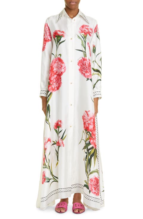 Floral Long Sleeve Stretch Silk Shirtdress