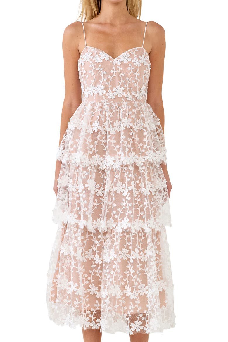 Floral Embroidered Tiered Lace Midi Dress, Alternate, color, WHITE