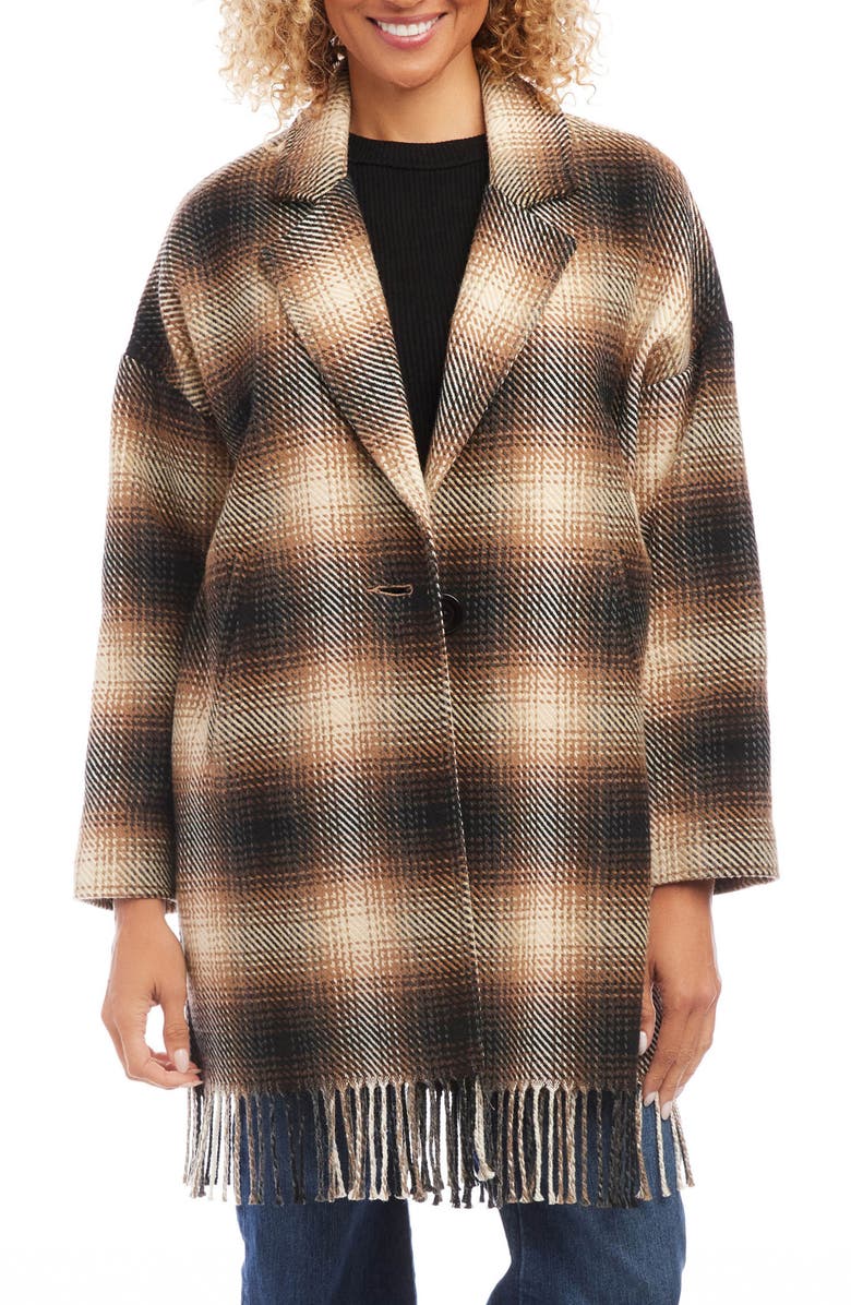 Karen Kane Plaid Fringe Trim Coat, Main, color,