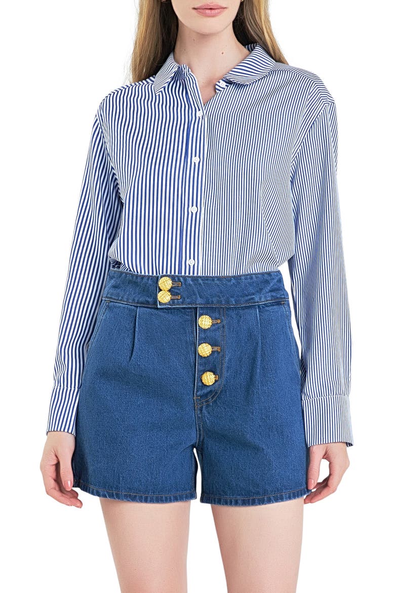 Colorblock Stripe Long Sleeve Button-Up Shirt, Main, color, BLUE