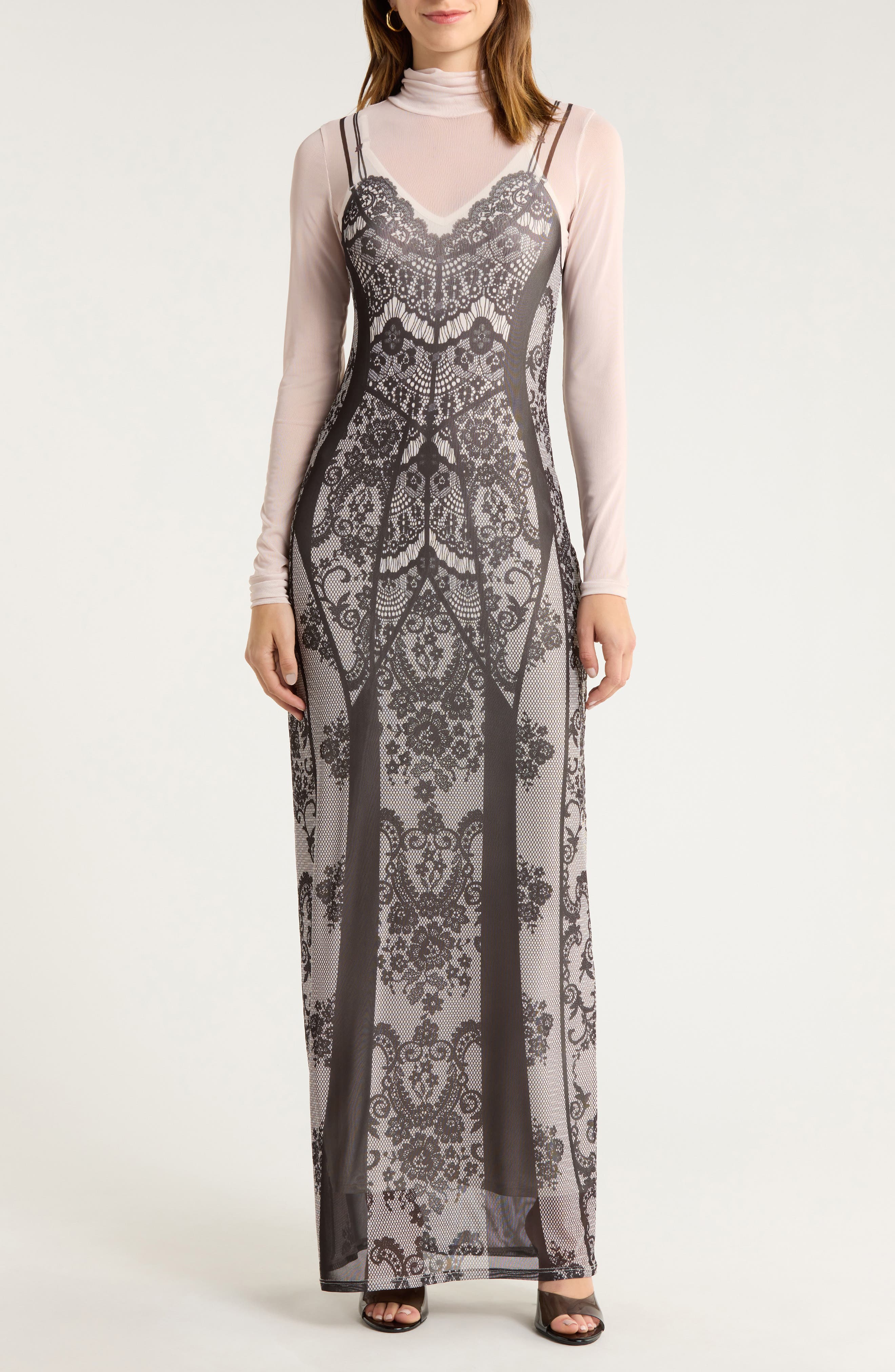 AFRM Billie Trompe l'Oeil Long Sleeve Mesh Maxi Dress
