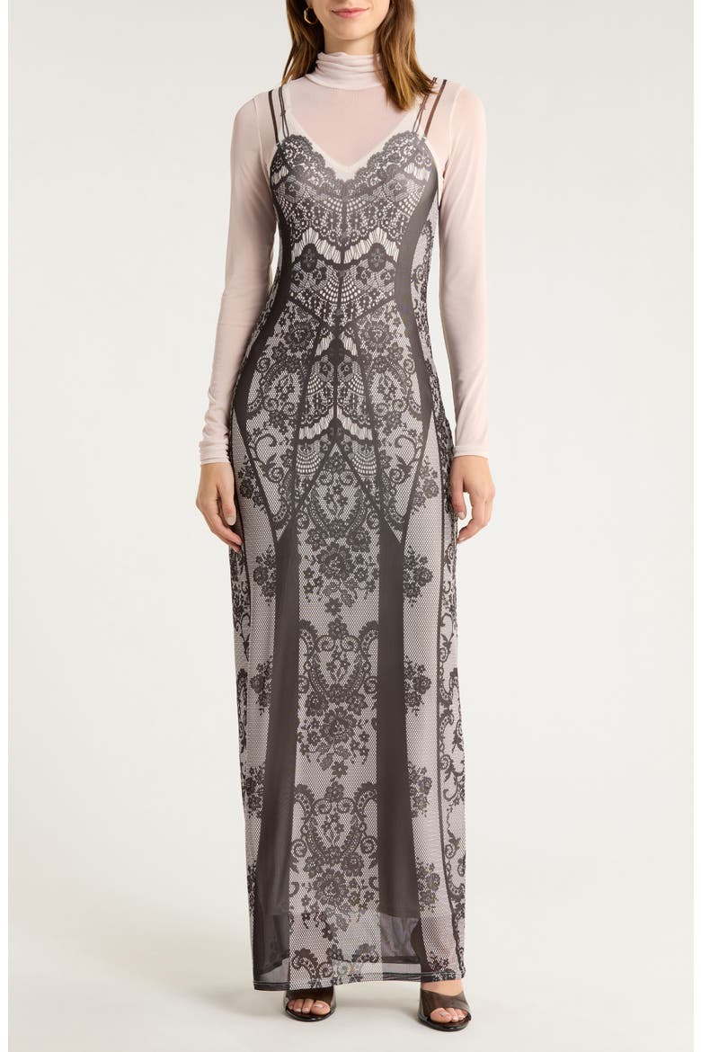 Billie Trompe l'Oeil Long Sleeve Mesh Maxi Dress, Main, color, CORSET SLIP