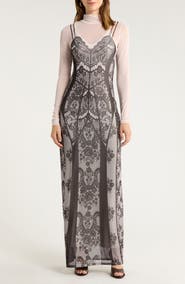 AFRM Billie Trompe l'Oeil Long Sleeve Mesh Maxi Dress