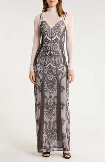 AFRM Billie Trompe l'Oeil Long Sleeve Mesh Maxi Dress