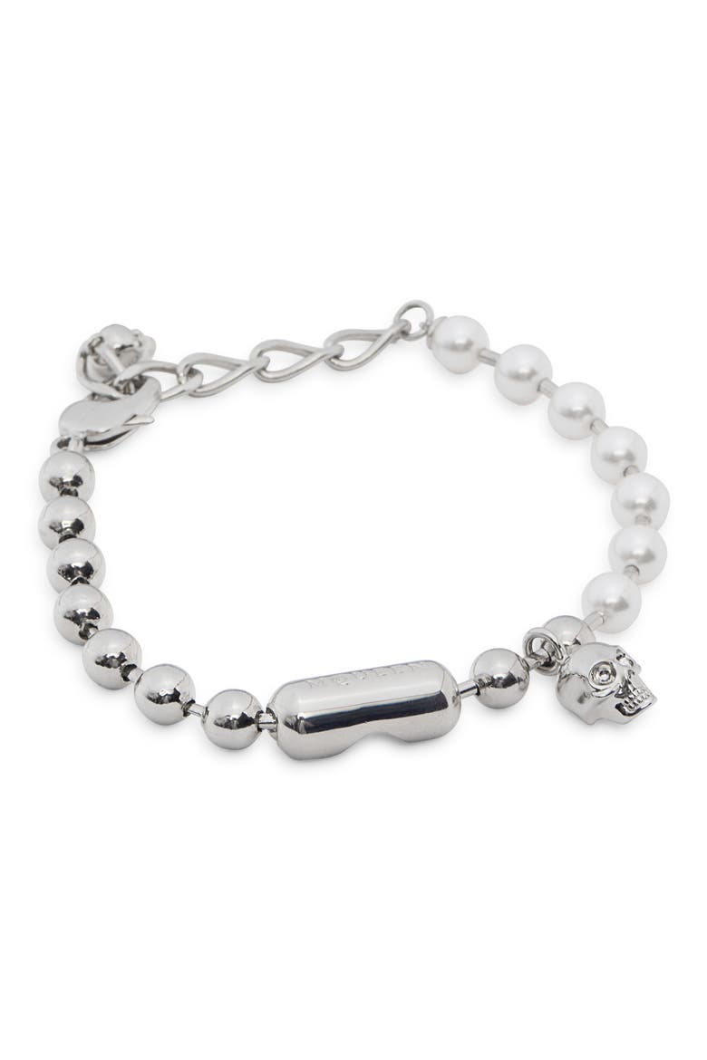 Men's Skull & Faux Pearl Bracelet, Alternate, color, PEARL
