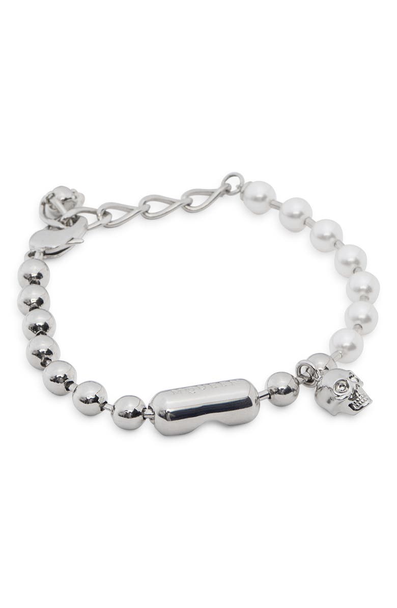 McQueen Men's Skull & Faux Pearl Bracelet, Alternate, color, Pearl